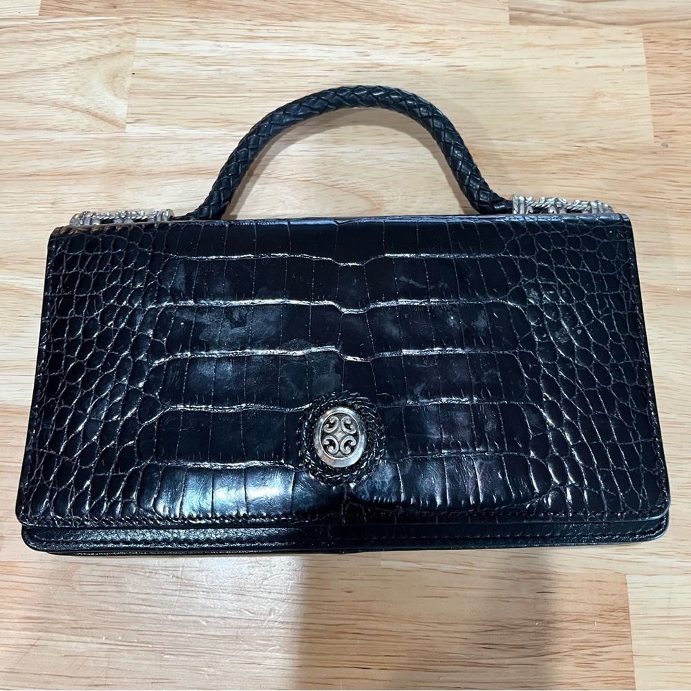 Vtg  Brighton Black Leather Croc Embossed Top Handle‎ Bag